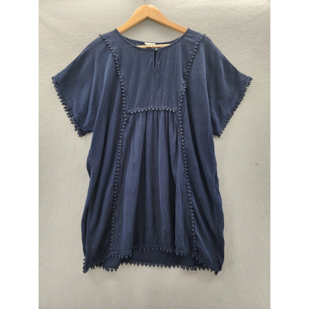 J.Crew Womens Navy Blue Gauze Cotton Pom Pom‎ Boho Peasant Top Blouse Medium